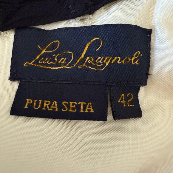 LUISA SPAGNOLI | Black & Cream Silk Surplice Bodice Beaded Cocktail Dress Size 6 - Picture 9 of 10